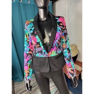 Nicole Miller Colorful Floral Blazer XS Black Tropical Print Party Jacket